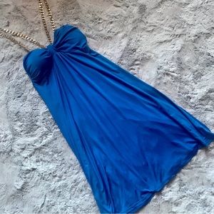 Flattering blue with gold chair mid length dress by Forever 21 XXI small